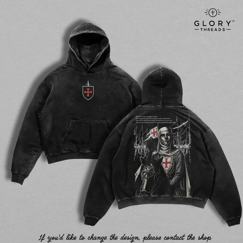 Retro Baldwin IV "The Leper King" The Crusader King and His Holy Army Vintage Washed T-Shirt Hoodie | Jerusalem Cross Medieval Christian Streetwear | Medieval Cross Armor Glory of God Outfit