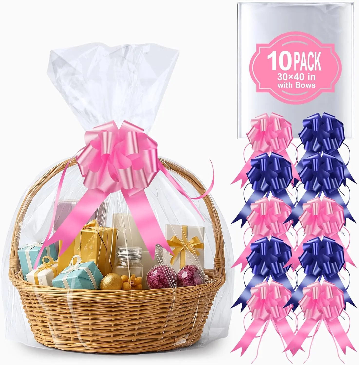 10 count Large Cellophane Bags, 30x40 Inches Clear  Bags,  Cellophane Wrap for  Baskets, Presents, Weddings, Birthdays and More (10Pcs Bows Included)