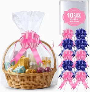 10 count Large Cellophane Bags, 30x40 Inches Clear  Bags,  Cellophane Wrap for  Baskets, Presents, Weddings, Birthdays and More (10Pcs Bows Included)