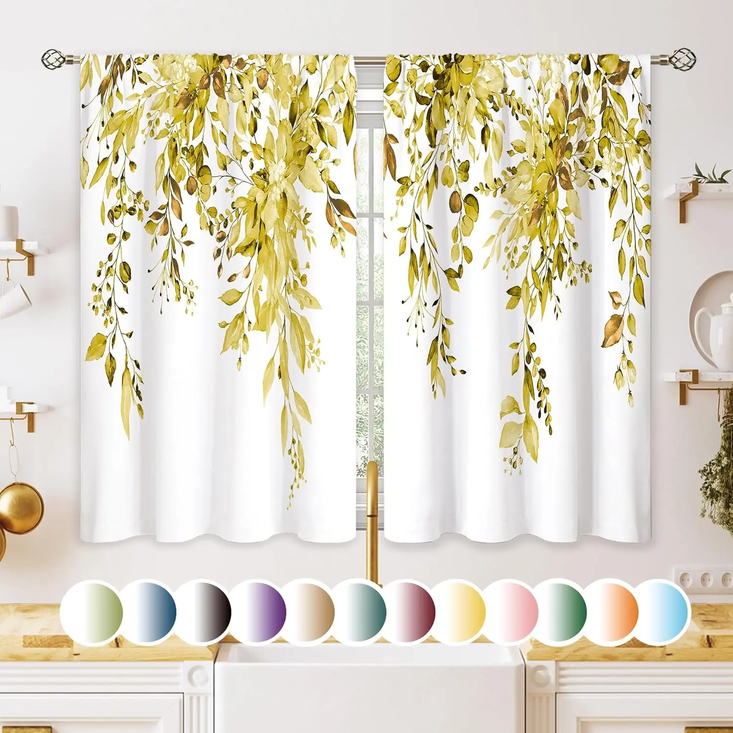 Vintage Yellow Eucalyptus Floral Wrinkle-Resistant Artificial Fabric Cafe Curtains, 2 Panels 27.5x39in Farmhouse 50% Room-Darkening Tier Drapes for Kitchen Over Sink, Bathroom Small Window Treatment