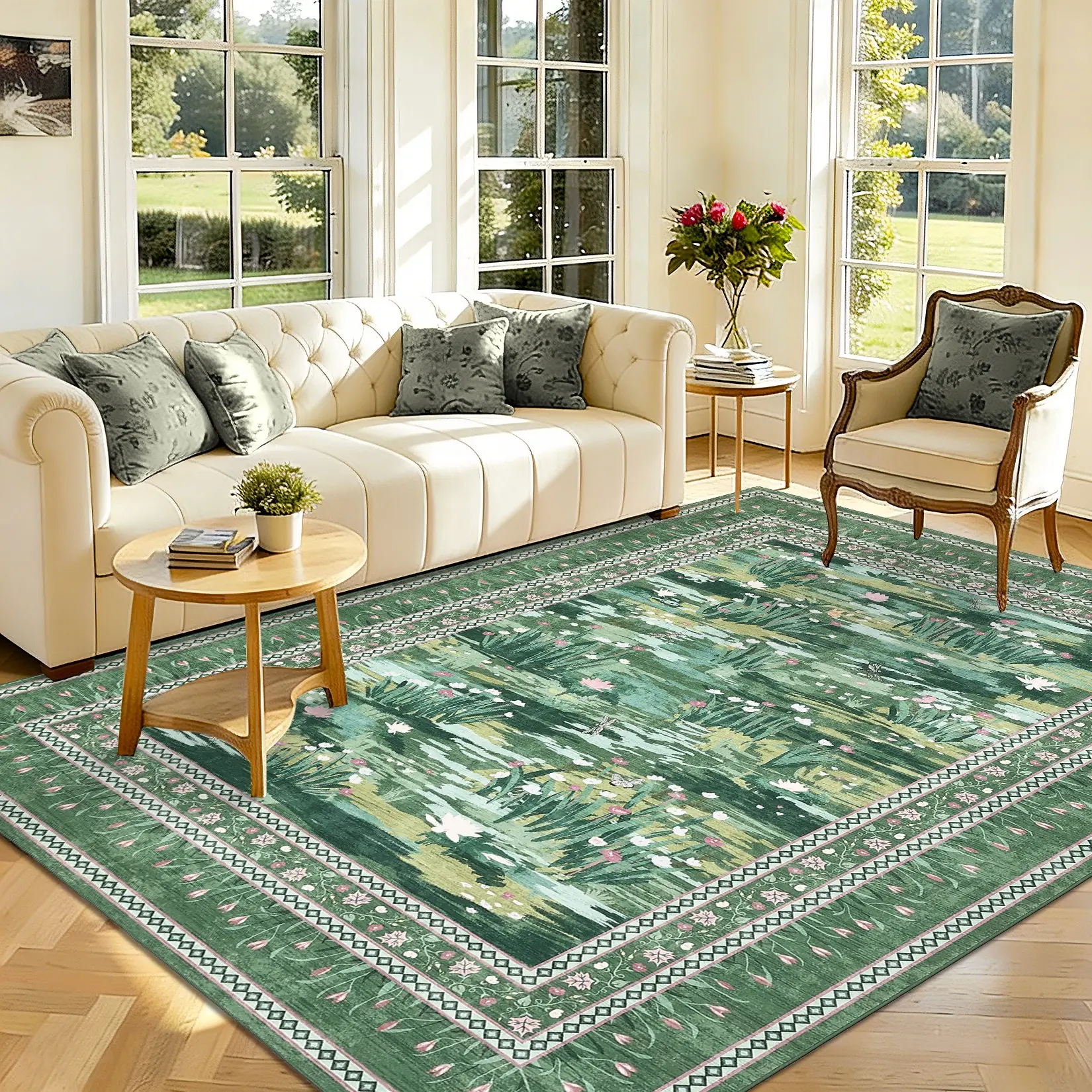 Floral Print Washable Rug – Soft Non-Slip Low-Pile Non-Shedding Foldable Farmhouse Area Rug for Bedroom, Dining Room, Hallway, Laundry Room & Apartment