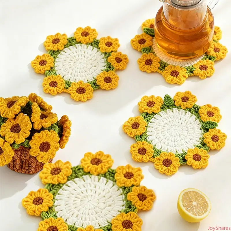 Handmade Sunflower Knitted Coaster Set for Desk, Small Round Cotton Tableware with Woven Basket, Heat-Insulating Minimalist Decor, Coaster For Desk, Handwoven Small Flower Basket, Decorative Coaster
