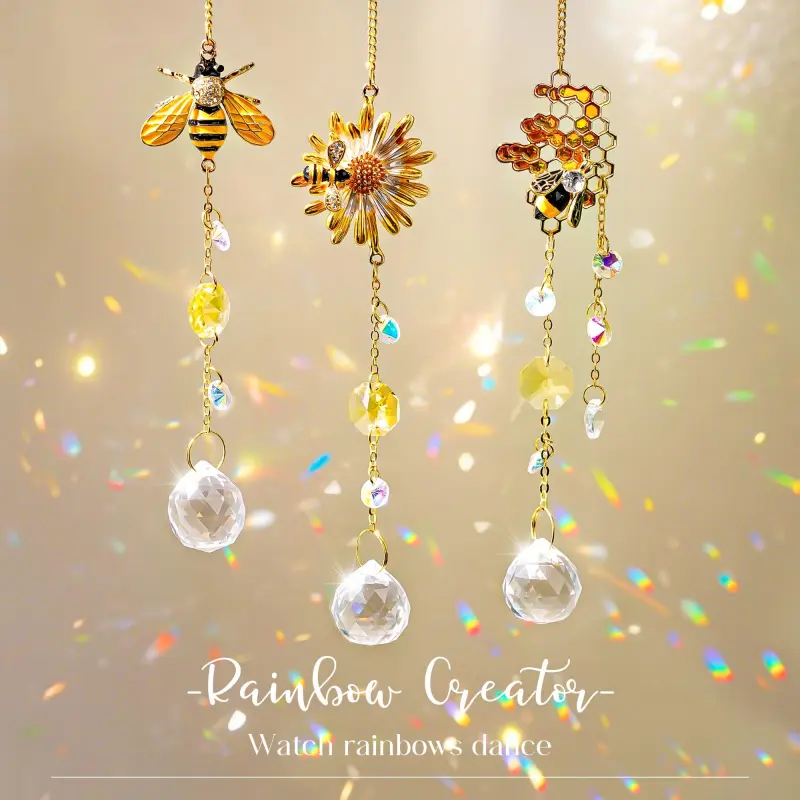 3-piece crystal honeycomb pattern bee ornament with sun catcher, bee lovers, window decoration, seasonal ornaments, bee theme, glass craft, Home Hanging Decoration, Decorative hanging piece, Decorative home accessory