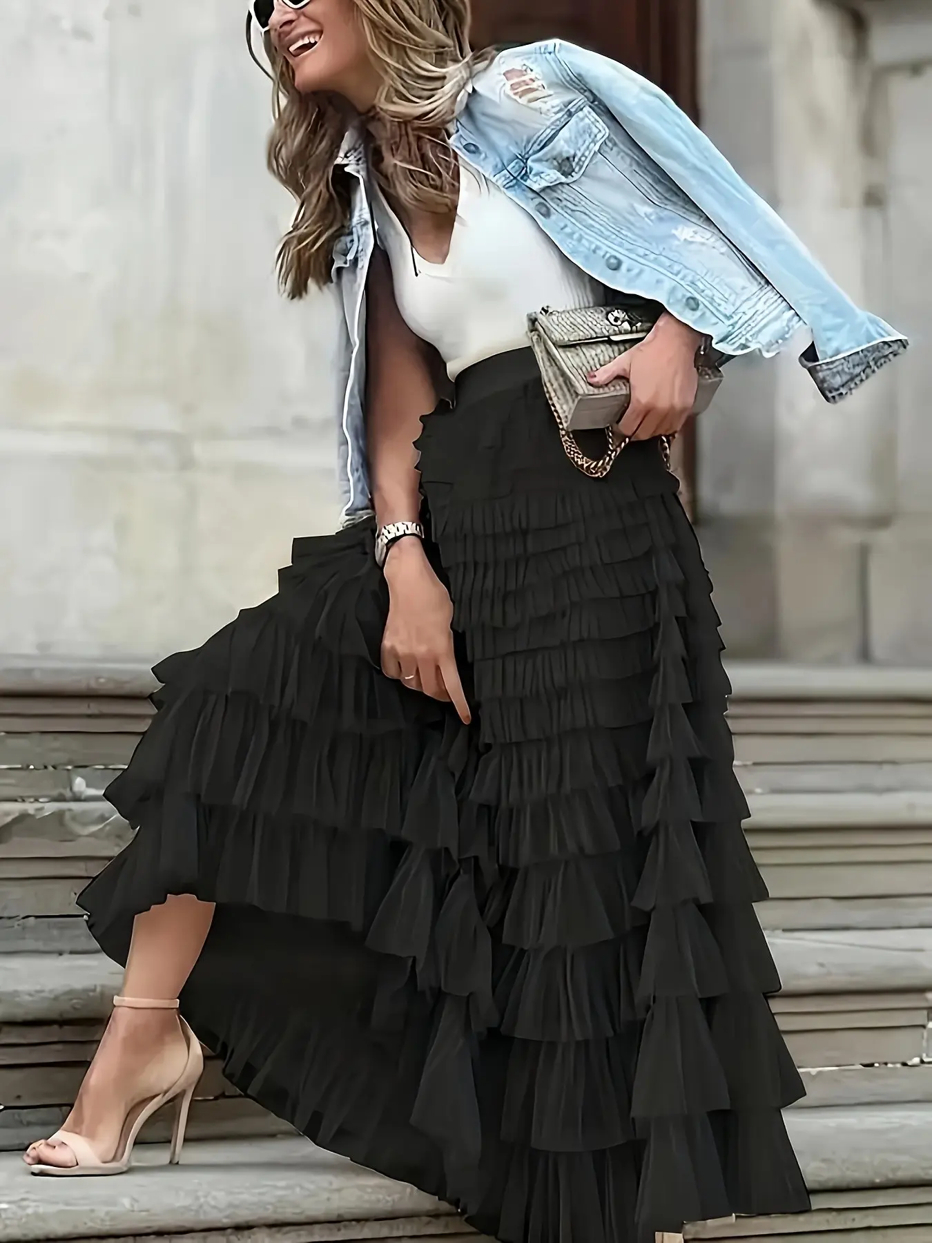 High Waist Slimming A-Line Skirt, Layered Cake Design, Women's Fashionable Elegant Half-Sleeve Dress, Perfect for Casual & Formal Wear