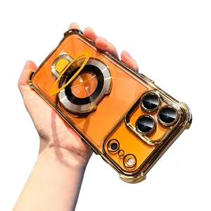 Magnetic case for iPhone 17 Pro Max 16 15 14 13 12 with Full Camera Lens Protection,Compatible with MagSafe,Military Shockproof Slim Electroplate Bumper Clear Cover Built-in Invisible Ring Stand