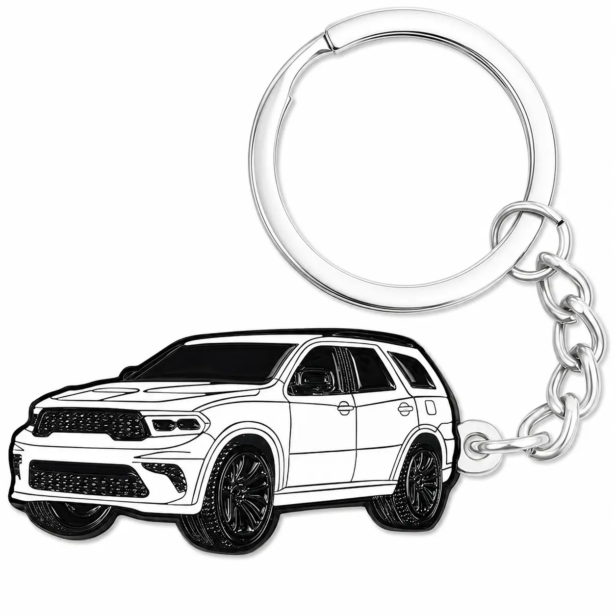 Dodge Durango SRT White SUV Keychain – Metal Car Key Ring, SUV Lover Gift for Men