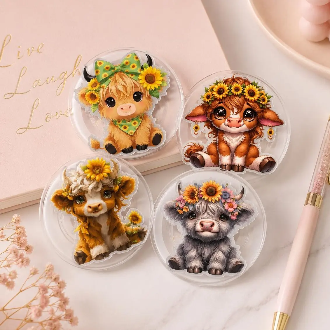 Sunflower Highland Cow MagSafe Phone Grip, Summer Coquette Farm Animals Phone Holder, Cute Animal Magnetic Pop Socket, Summer Vibe Animals Griptok