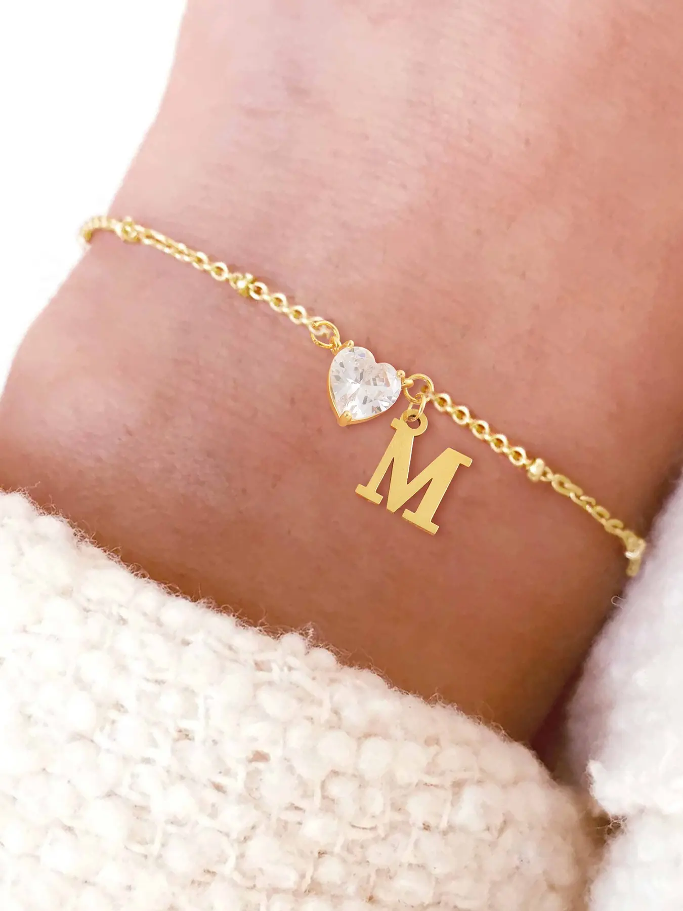 Women's Stainless Steel Initial Bracelet, Artificial Crystal Heart Pendant Design, Elegant Casual Jewelry Accessory, Dainty Bracelets, Fashionable Bracelet, Heart Shaped Bracelet, Durable Bracelet
