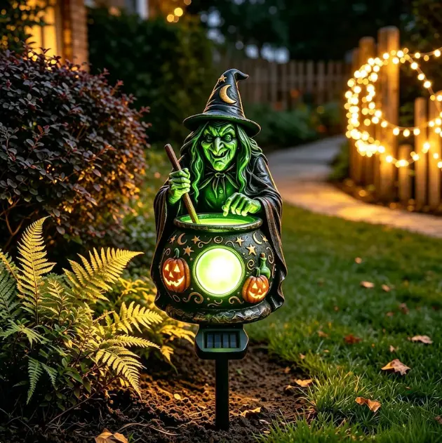 Solar-Powered Halloween Witch Cauldron Garden Stake Light, Spooky Outdoor Pathway Decor, Fall Flower Bed Ornament, Halloween Party Decor Gift