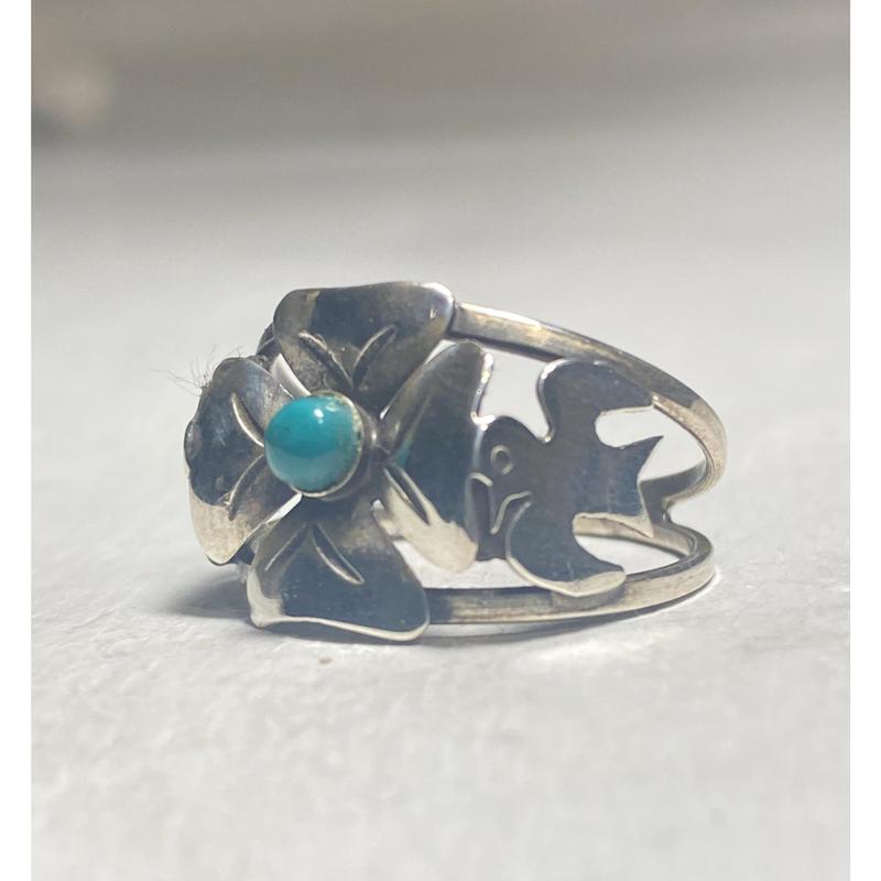 Turquoise ring size 8.25 flower bird 4 leaf clover good luck Mexico sterling silver band women girls
