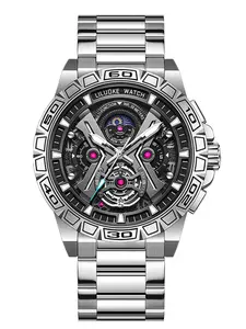 LILUOKE Watches for Men - 49MM Big Face Skeleton Watch with Chronograph, Moonphase, Quartz Analog, Stainless Steel Band, 3ATM Waterproof, Heavy Duty.