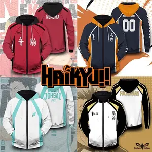 [CustomFashion]Anime Haikyuu Zip Hoodie Karasuno Nekoma Oversized Cosplay Hooded 3D Printed Zipper Pullover Jacket FTFO