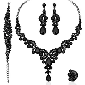 Elegant Crystal Necklace Earrings Bracelet Ring Bridal Wedding Party Costume  Sets for Brides Women
