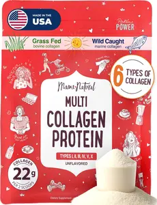 Mama Natural Multi Collagen Protein Powder Type I II III IV V X - Unflavored & Hydrolyzed 16Oz Pure Collagen Peptides Powder - Grass Fed Beef, Wild Fish Marine & USA Eggshell - Whole Body Collagen