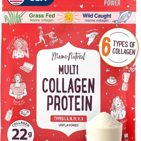 Mama Natural Multi Collagen Protein Powder - Unflavored Hydrolyzed 16oz Pure Peptides (Types 1,2,3,4,5,X) - Grass-Fed Beef, Wild Marine Fish, USA Eggshell Dietary Supplement (Prop 65 Safe) for Collagen for Women, Adults, Skin Care