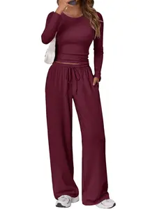 Women's Two-Piece Set with Long Sleeve Top and Wide Leg Pants, Casual Sportswear for Home, Comfortable and Fashionable