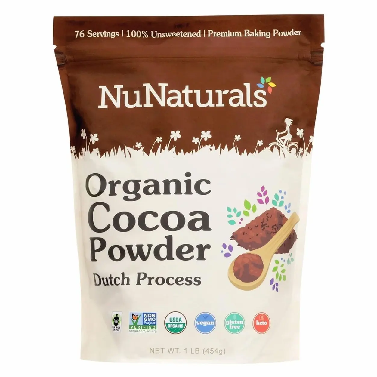 NuNaturals Unsweetened Organic Fairtrade Certified Cocoa Powder, Premium Dutch-Process For Drinking and Baking, 1 lb