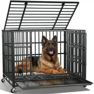 38” Heavy Duty Indestructible Dog Crate, High Anxiety Dog Crate, Escape Proof Dog Cage Kennel with 4 Lockable Wheels, Double Sturdy Locks, Double Door and Removable Tray Design