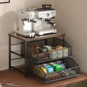 Space-Saving 2-Tier Kitchen Countertop Storage Rack with Drawers and Metal Baskets, Durable Hardwood Look, /, No Power Needed