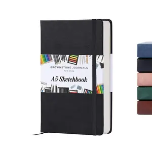 BROWNSTONE JOURNALS A5 Sketch Book Hardcover - 80 Sheets 100 GSM Paper 5x8, Lay Flat, Vegan Leather Cover, Elastic Band, Back Pocket, Art Drawing Book (Charcoal Black)
