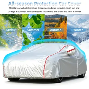 Silver Full Car Cover with Door Zipper for Easy Access – Waterproof UV Protection, Scratch Resistant, Red Reflective Strip, Storage Bag, Universal Fit