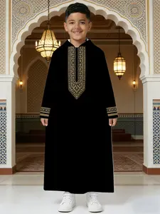Boys' Hooded Arabic Robe Gold Circle Embroidery, Muslim Prayer Clothing for Boys, Comfortable Long Sleeve Design