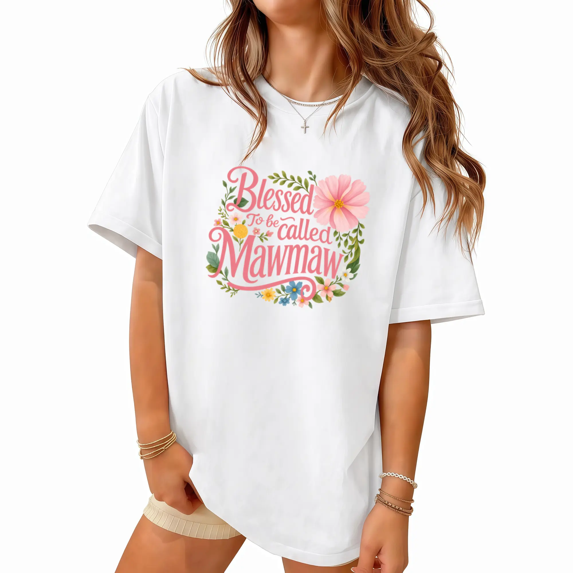 Women's Floral Graphic T-Shirt - Blessed to Be Called Mawmaw - Soft Pinkish-Brown Crew Neck Tee, Lightweight Breathable Everyday & Gift Top for Grandma, Mother's Day, Birthday, Christmas - Grandma Apparel, Casual Wear, Short Sleeve Shirt