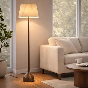 65" Mid Century Modern Vintage Real Wood Floor Lamp with 2 Shades for Two Looks,Sculptural Standing Lamp with Teardrop Base & Wooden Pull Chain for Living Room Bedroom Sofa Side (Bulb Included)