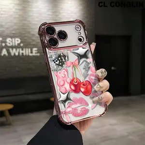 Cherry bow disco ball Pattern Four-corner Drop-proof TPU Phone Case for iPhone 17 Air iPhone 16 Pro Max 15 14 13 12 11 Plus Shockproof Full Camera Protection Durable Slim Silicone Case