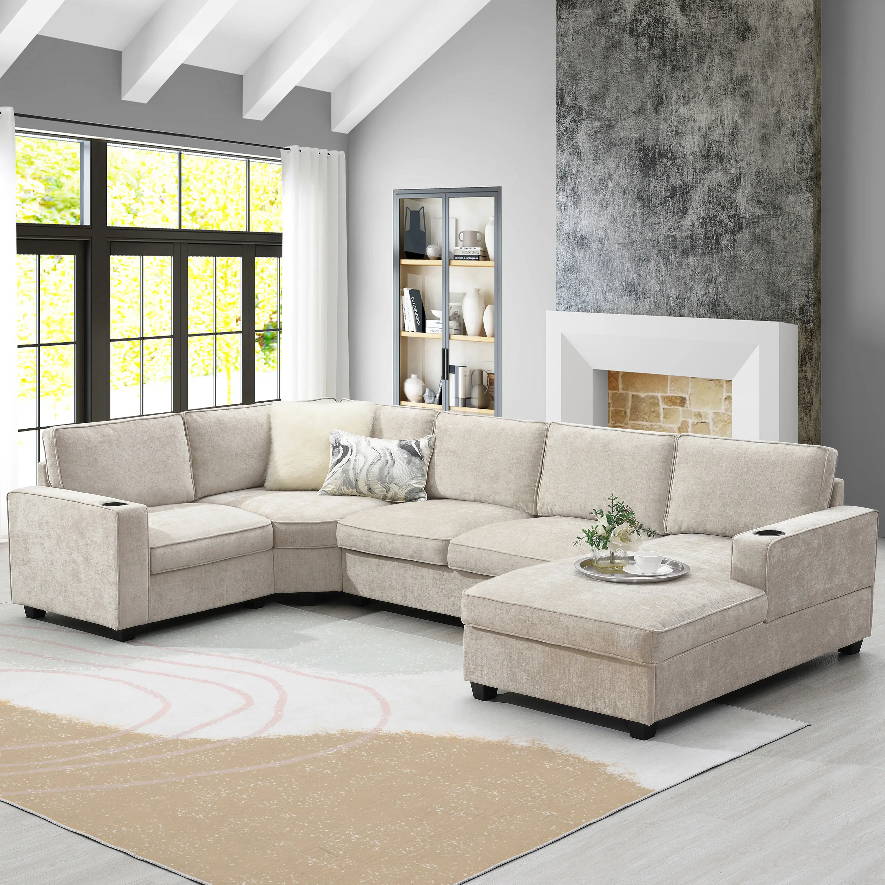 117.5" U-Shaped Chenille Sectional Sofa with Cup Holders, 6-Seat Oversized Chaise Lounge, Irregular Corner Design, Beige