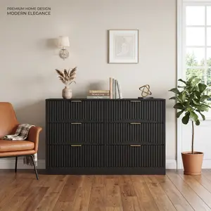 Modern 6-Drawer Dresser, Chest of Drawers for Bedroom, Living Room, Hallway, and Entryway - Large Storage Cabinet, Black,Drawer panel with wavy patterns