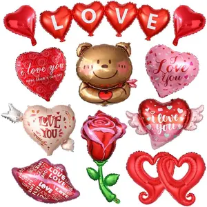 Valentines Day Decorations with Red Heart Balloons and Love Balloon, 13Pcs Rose Flower Bear Heart Foil Balloons for Wedding Anniversary Romantic I Love You Decorations