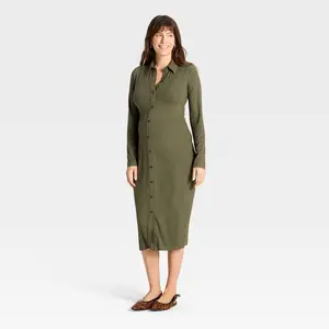 Long Sleeve Ribbed Midi Maternity A-Line Dress - Isabel Maternity by Ingrid & Isabel Olive Green M