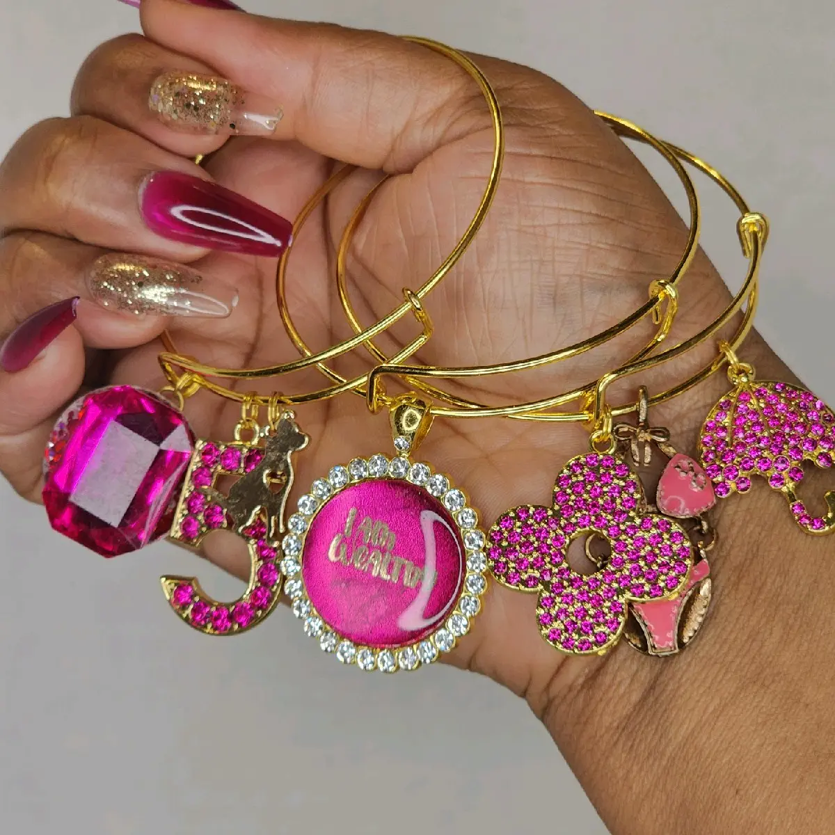 I Am Wealthy Affirmation Manifestation Dark Pink Gold Bangle Set