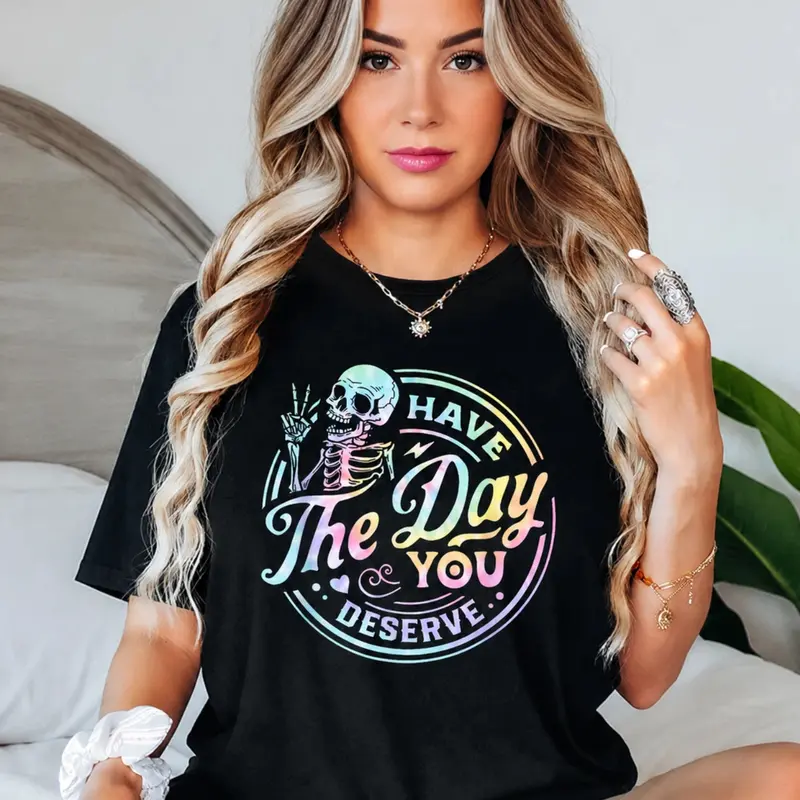 Women's Skeleton & Letter Print Round Neck Tee, Fashion Casual Short Sleeve T-shirt, Ladies Summer Clothes for Daily Wear