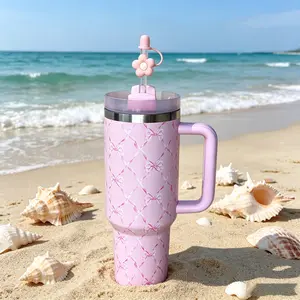 40 oz Bow Floral Tumbler with Handle and Straw Lid, Vacuum Insulated Leak Proof Double Walled Stainless Steel Travel Mug Flower Tumblers, Maintains Cold Ice and Heat for Hours