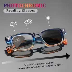 New Photochromic Reading Glasses, Photochromic Lens, Anti-Blue Light, Correction, Uv400 Protection, Vintage Square Frame, Dual Rivet Decor, 7 Colors, Reading Eyeglasses