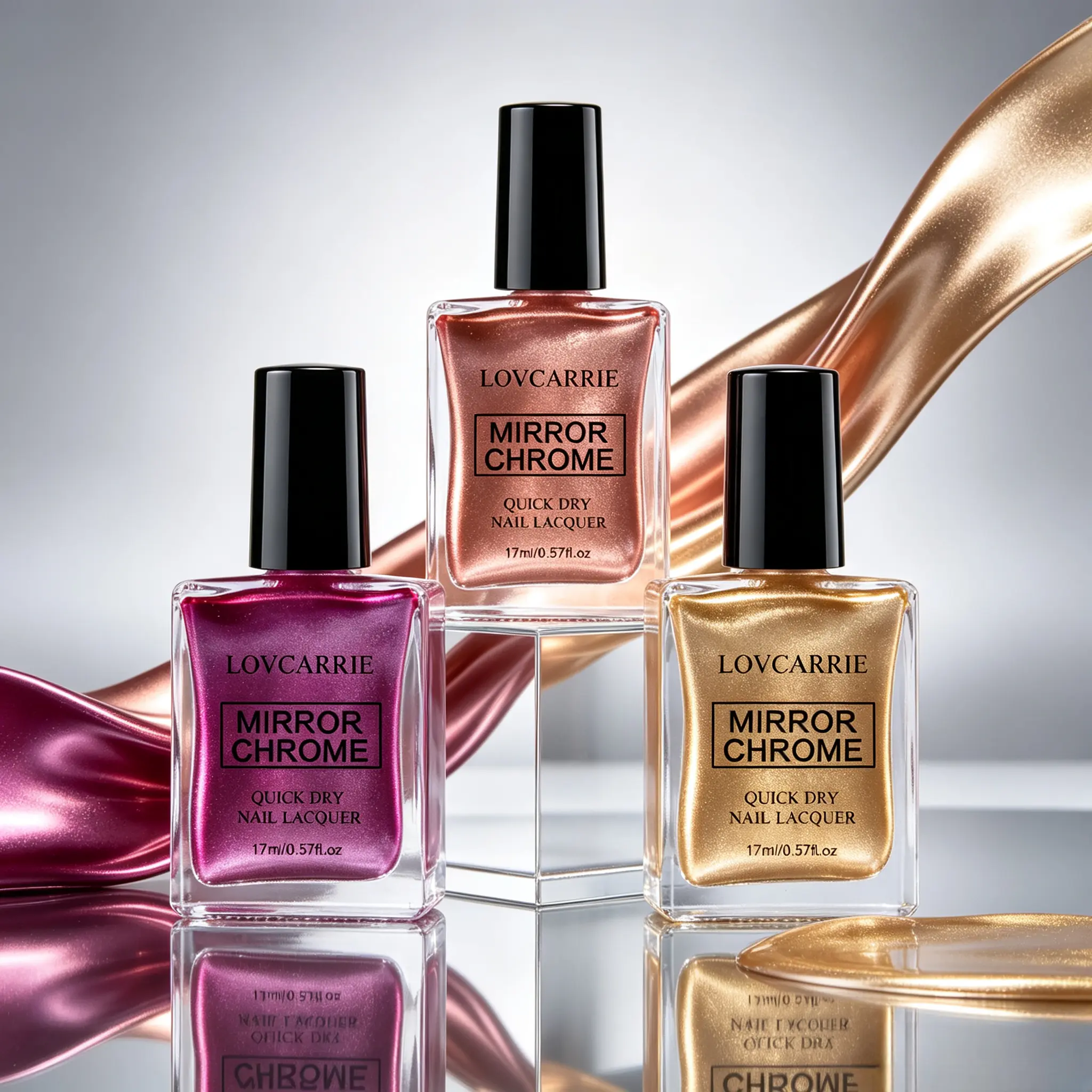LOVCARRIE 3 Colors Mirror Chrome Nail Lacquer Set Fuchsia / Rose Gold / Gold 17ml Each Quick Dry Metallic Mirror Shine Nail Polish Long Lasting Gloss Manicure Varnish for DIY At Home Nail Art