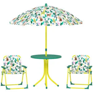 Qaba Kids Picnic Table with 2 Folding Chairs and Umbrella, Jungle Theme Portable Children Outdoor Furniture for Backyard, Garden, Patio, Green