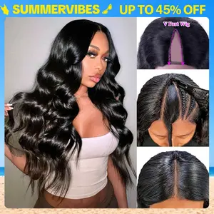 【Updated with Drawstring】Mamushow V Part Wigs With Invisible Strap Drawstring 100% Human Virgin Hair Body Wave Glueless Wig 180% Density Curly Wigs Natural Black #Summervibes