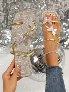 Women's Square Toe Slippers, Butterfly Embellished Footwear, PU Material, PVC Sole, Casual Party Style, Medium Width, Less Than Ankle Height, Summer Autumn Fashion
