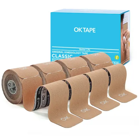 OK Tape Kinesiology Athletic Tape (4 Rolls) - Original Cotton, Latex-Free Precut Strips (2 in x 16 ft), Waterproof, Breathable Muscle Support for Adults, All Seasons, Knee Pain, Back Injuries