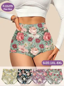 4-Pack MEIYATING Plus Size Women's High-Waist Underwear, Waist Cinching Butt Lifting Floral Pattern, Comfortable Fit, High-Quality Skin-Friendly Triangle Panties, High Waisted Panties, Floral Print Panty, Soft Comfy Panties