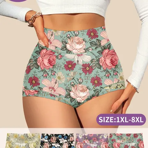 4-Pack MEIYATING Plus Size Women's High-Waist Underwear, Waist Cinching Butt Lifting Floral Pattern, Comfortable Fit, High-Quality Skin-Friendly Triangle Panties, High Waisted Panties, Floral Print Panty, Soft Comfy Panties