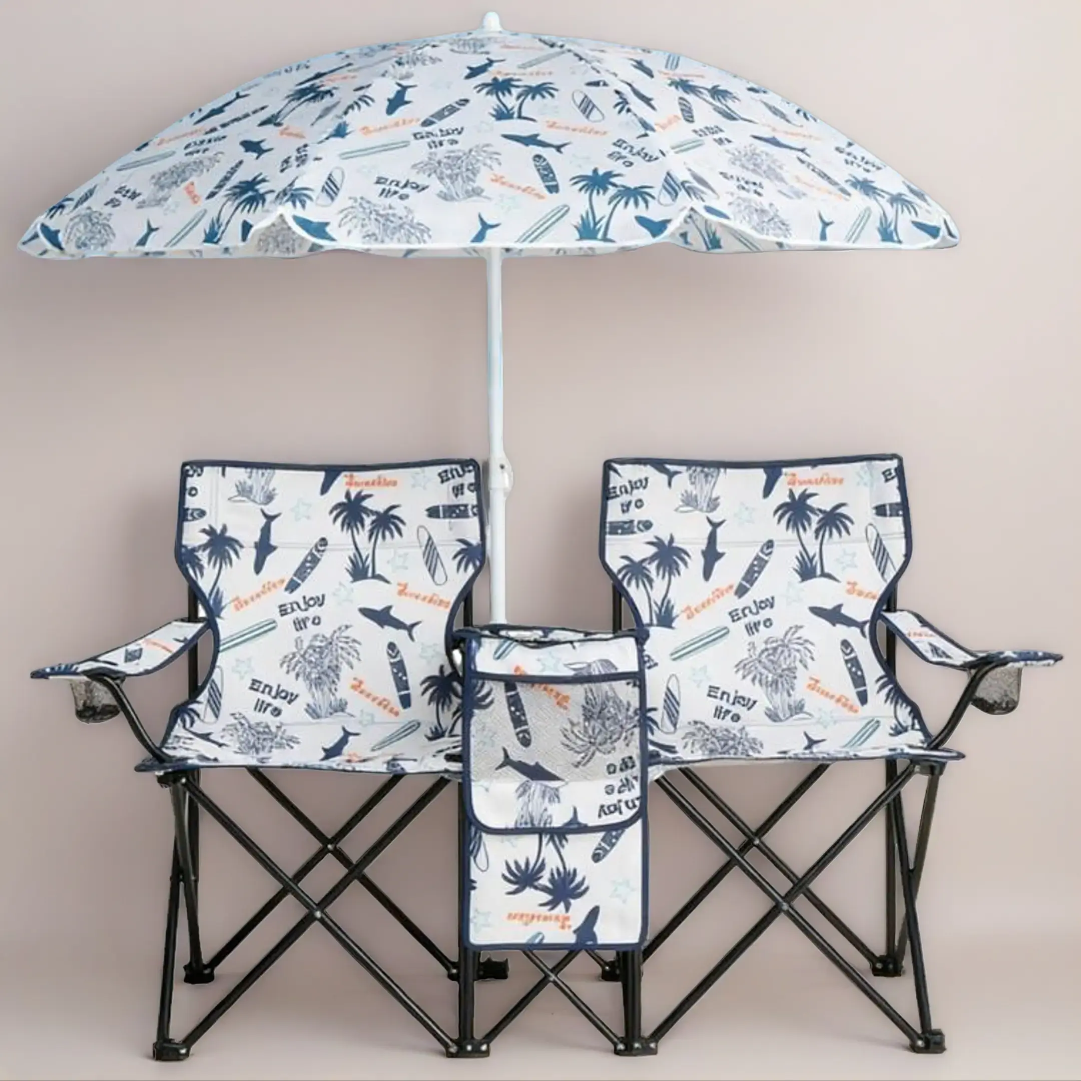 2-Seat Outdoor Folding Chair, Oxford Fabric Loveseat with Removable Umbrella & Cooler Bag, Lightweight & Portable for Camping & Beach Trips, Lightweight Beach Chair, Outdoor Folding Chairs