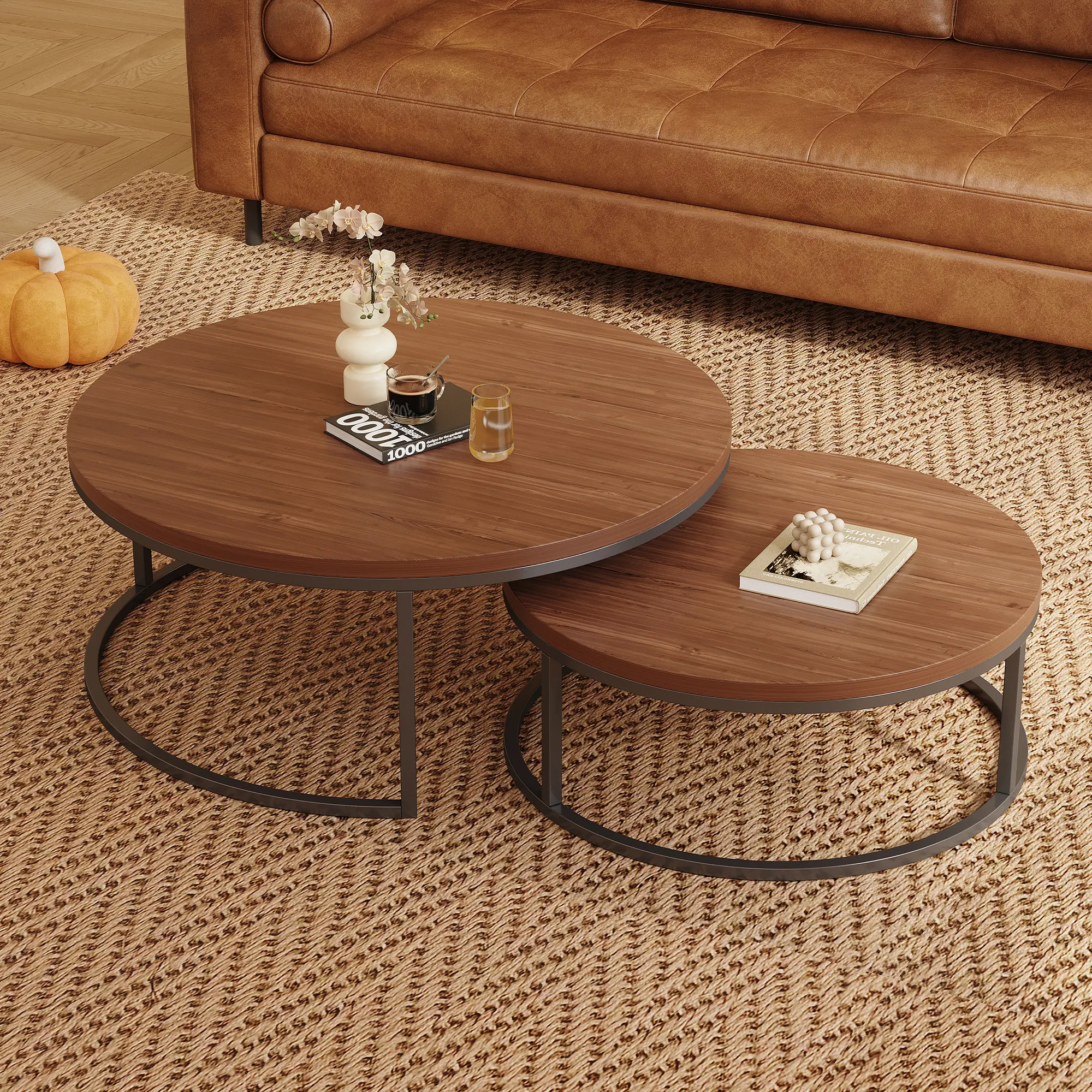 Round Nesting Coffee Table Set, 31.5"/23.7" Modern Cocktail Tables with Black Metal Legs,  Easy Assembly for Living Room, Bedroom & Lounge