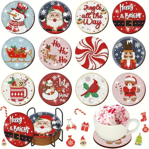 12-Piece Diamond Art Coasters with Stand, DIY 5D Diamond Painting Kit for Adults and Beginners, Diy Kits, Perfect Gift for Friends