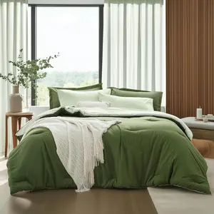 King Size Comforter Set 7 Pieces, Olive Green, Reversible Sage Green Bedding Set, Soft Bed in a Bag with Comforter, Sheets, Pillowcases & Shams, All Boho Bed Set