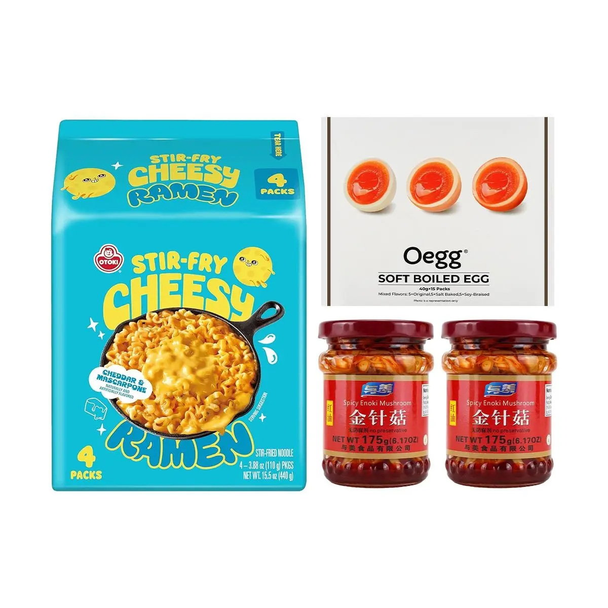 YUMEI TK Combo: Ottogi Cheese Ramen Noodles + Marinated Soft-Boiled Egg + 2pk Chili Oil Enoki Mushrooms - Instant Meal Kit, Convenient & Delicious
