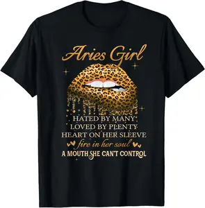 100% Cotton Aries Girl Birthday Gifts Funny Leopard Sexy Lip T-Shirt